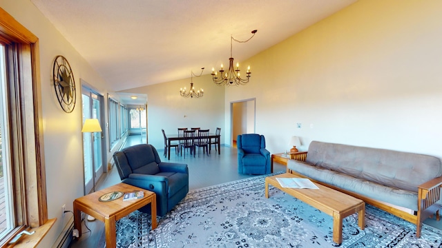 living room with a notable chandelier and vaulted ceiling