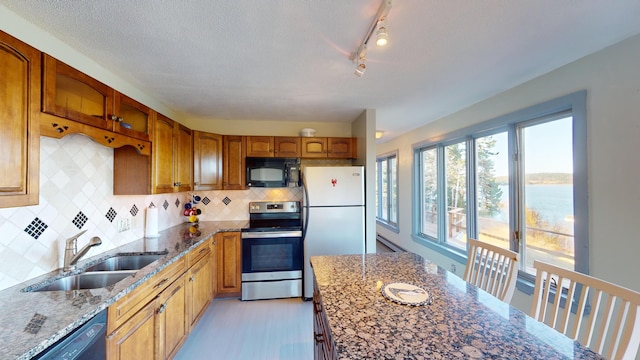 kitchen featuring a water view, black appliances, sink, and light stone counters