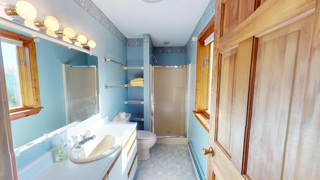 bathroom with baseboard heating, a wealth of natural light, toilet, and a shower with shower door