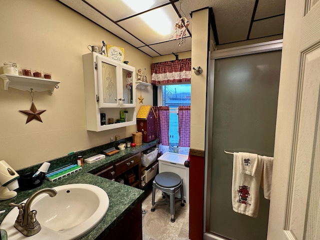 bathroom featuring vanity and a shower with shower door