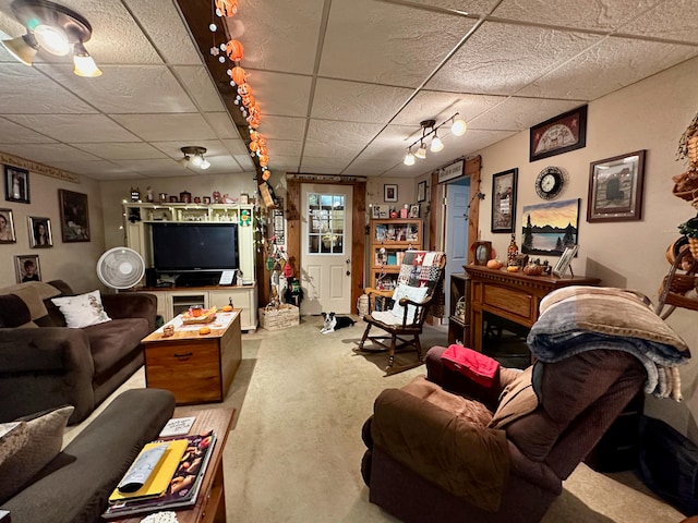 living room with carpet, a fireplace, a paneled ceiling, and track lighting