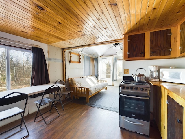 kitchen with lofted ceiling, dark wood-type flooring, stainless steel range with gas cooktop, and wooden ceiling