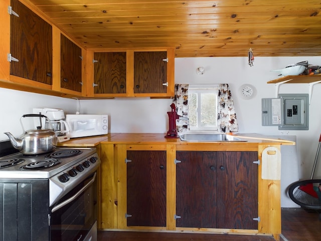 kitchen featuring electric panel, white appliances, and wood ceiling