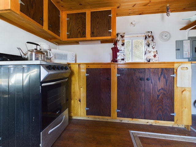 kitchen with dark hardwood / wood-style flooring, electric panel, wooden ceiling, and stove