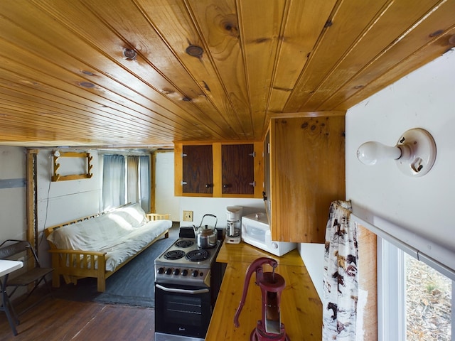 kitchen with dark hardwood / wood-style flooring, wood ceiling, and electric range