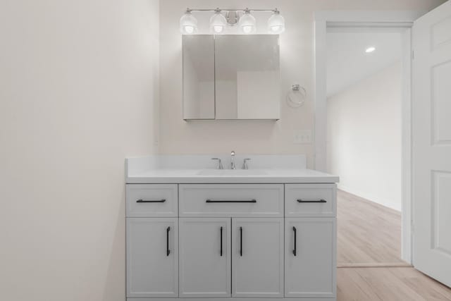 bathroom with hardwood / wood-style floors and vanity