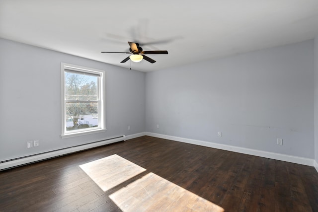 spare room featuring ceiling fan, dark wood-type flooring, and a baseboard radiator