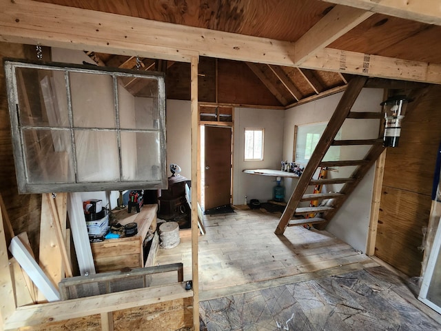 basement featuring wooden ceiling