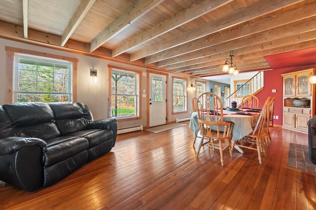 living room with baseboard heating, plenty of natural light, beamed ceiling, and hardwood / wood-style flooring