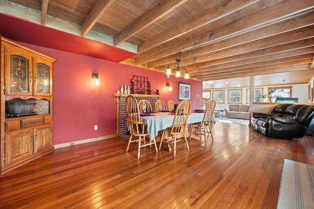 dining room with beam ceiling, hardwood / wood-style floors, and wooden ceiling