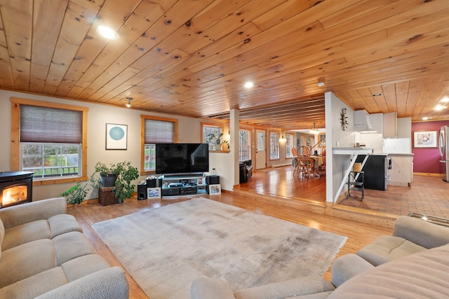 living room featuring light hardwood / wood-style flooring and wood ceiling