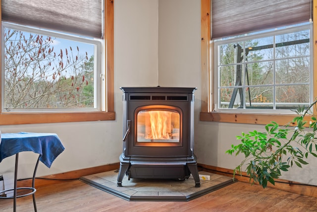 details with hardwood / wood-style flooring and a wood stove