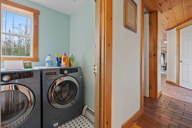 washroom with wood ceiling, washing machine and dryer, and a baseboard radiator