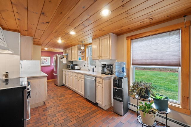 kitchen featuring decorative backsplash, sink, wooden ceiling, and appliances with stainless steel finishes