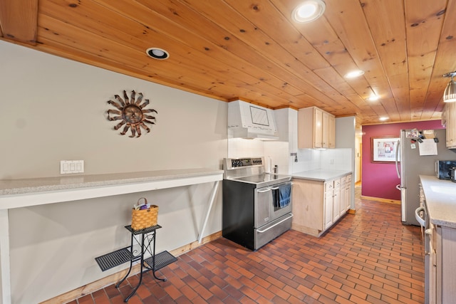 kitchen with appliances with stainless steel finishes, backsplash, extractor fan, and wooden ceiling