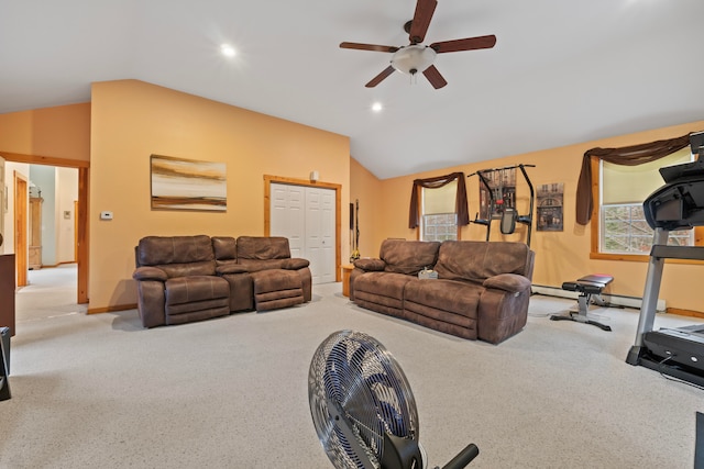 exercise area featuring ceiling fan, light colored carpet, and lofted ceiling