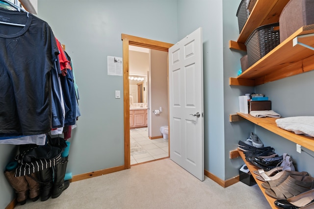 walk in closet featuring light colored carpet