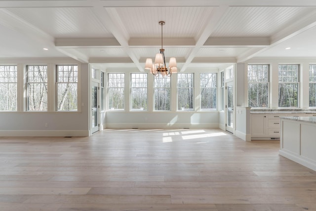 unfurnished sunroom with plenty of natural light, a chandelier, beam ceiling, and coffered ceiling