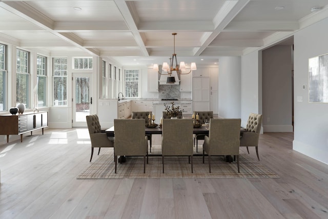 dining space featuring light hardwood / wood-style floors, a chandelier, beam ceiling, and coffered ceiling