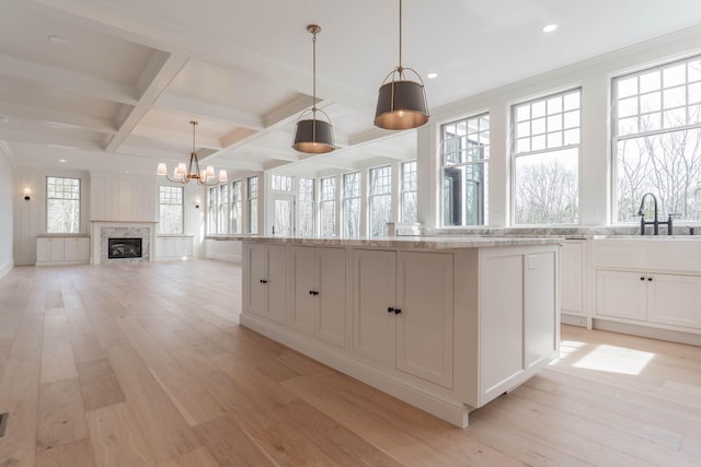 kitchen featuring white cabinets, light hardwood / wood-style floors, and a kitchen island