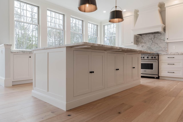 kitchen featuring high end stainless steel range oven, custom range hood, and plenty of natural light