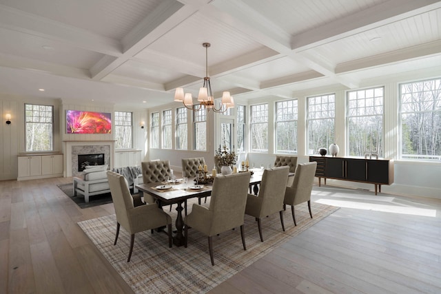 dining area with light wood-type flooring, beam ceiling, and coffered ceiling