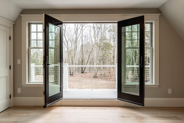 entryway featuring a wealth of natural light, vaulted ceiling, and light hardwood / wood-style floors