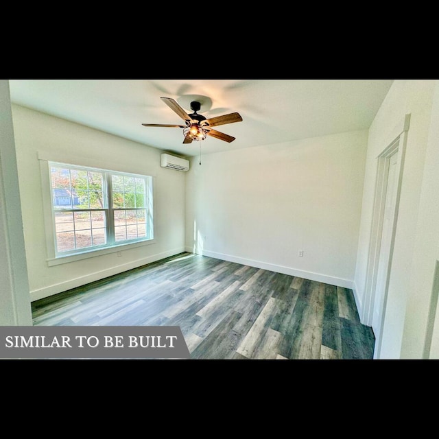 empty room featuring wood-type flooring, a wall mounted AC, and ceiling fan