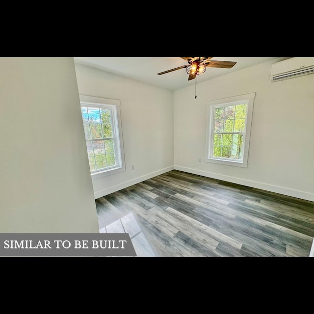 unfurnished room featuring hardwood / wood-style floors, an AC wall unit, and ceiling fan