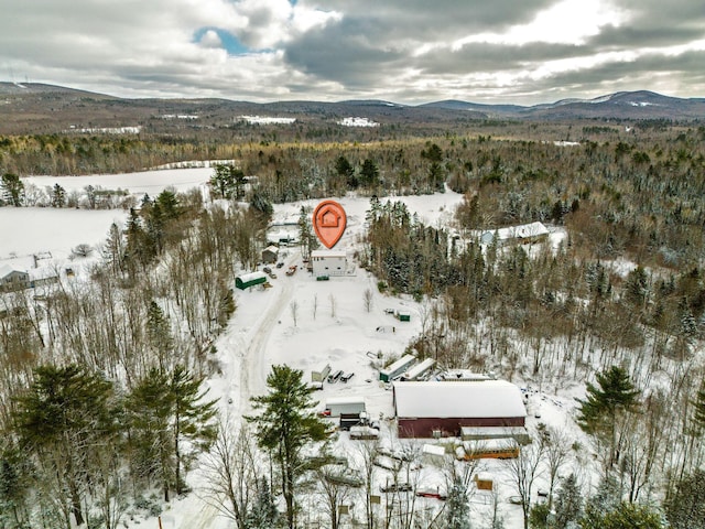 snowy aerial view featuring a mountain view