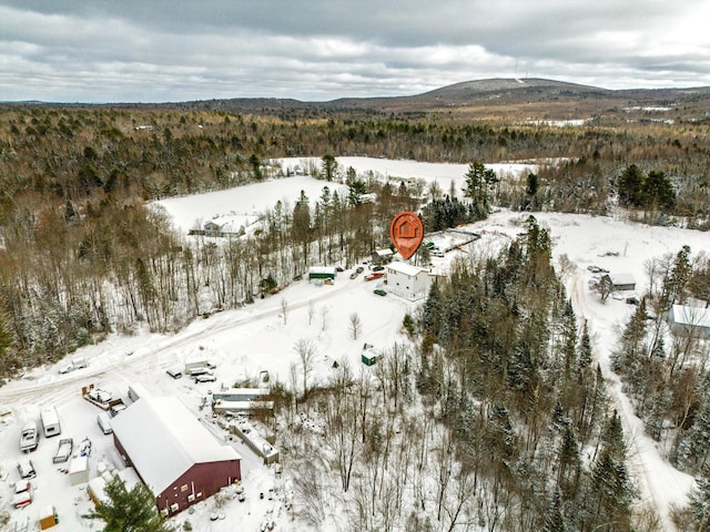 snowy aerial view featuring a mountain view