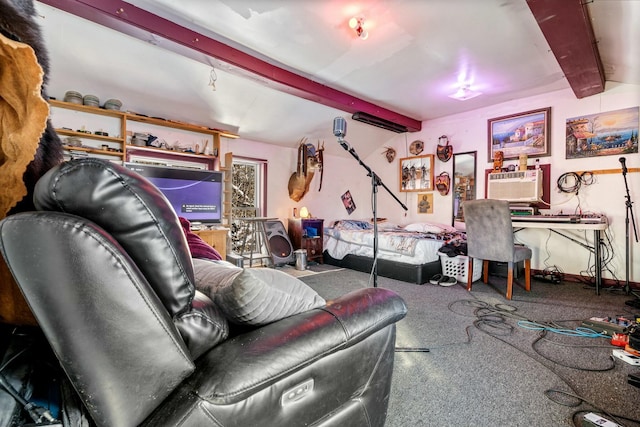 carpeted living room with vaulted ceiling with beams and a wall mounted air conditioner