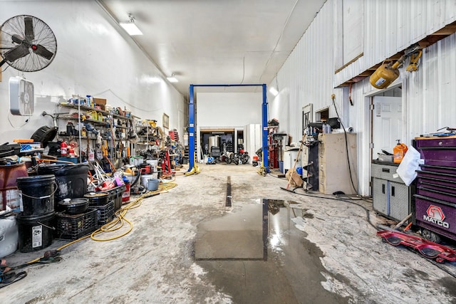 garage with a workshop area