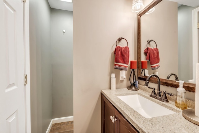 bathroom with hardwood / wood-style flooring and vanity