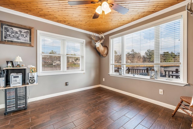 interior space featuring dark hardwood / wood-style flooring, crown molding, and wooden ceiling