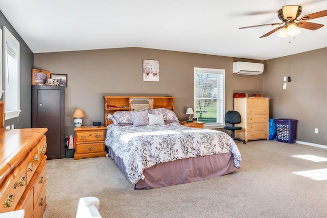 bedroom featuring light colored carpet, ceiling fan, vaulted ceiling, and a wall mounted AC