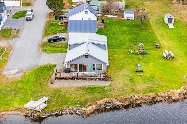 aerial view featuring a water view