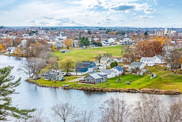 drone / aerial view featuring a water view