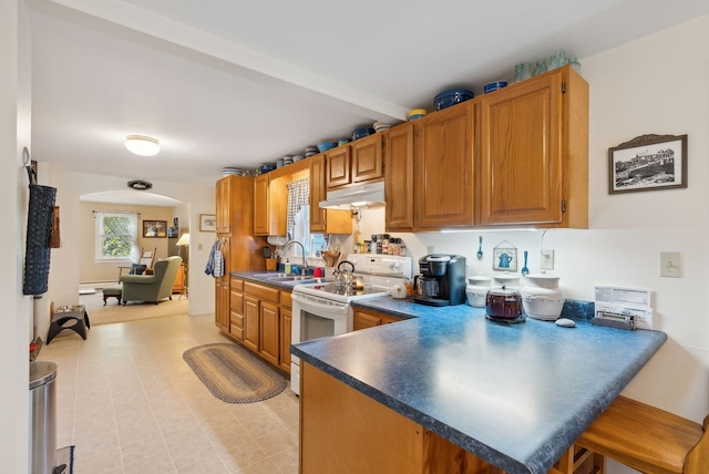 kitchen with white electric stove and sink