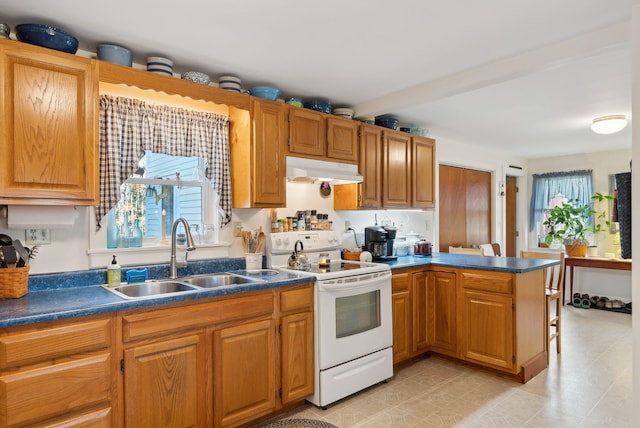 kitchen featuring kitchen peninsula, electric range, and sink