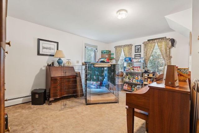 carpeted bedroom with baseboard heating