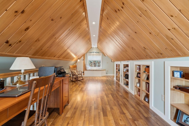 office space featuring hardwood / wood-style flooring, built in shelves, wood ceiling, and vaulted ceiling