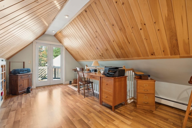 office space with a baseboard heating unit, wood ceiling, light hardwood / wood-style flooring, and vaulted ceiling