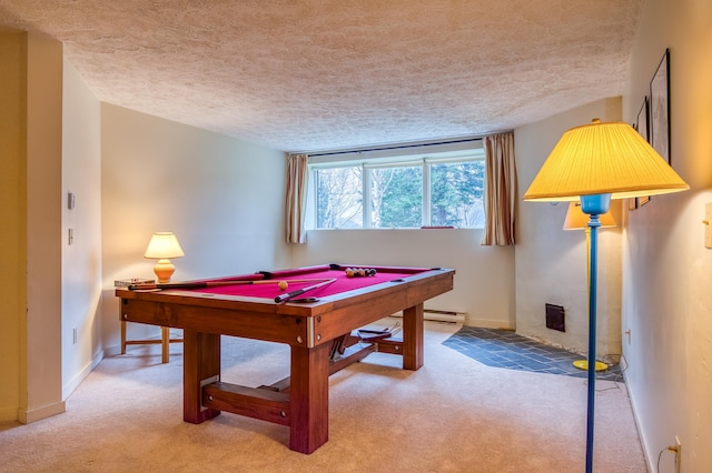 rec room featuring baseboard heating, a textured ceiling, light carpet, and billiards