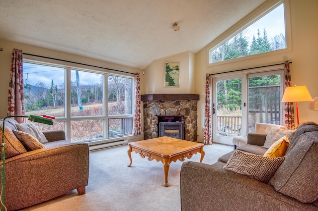 carpeted living room featuring high vaulted ceiling, a baseboard radiator, a textured ceiling, and a fireplace