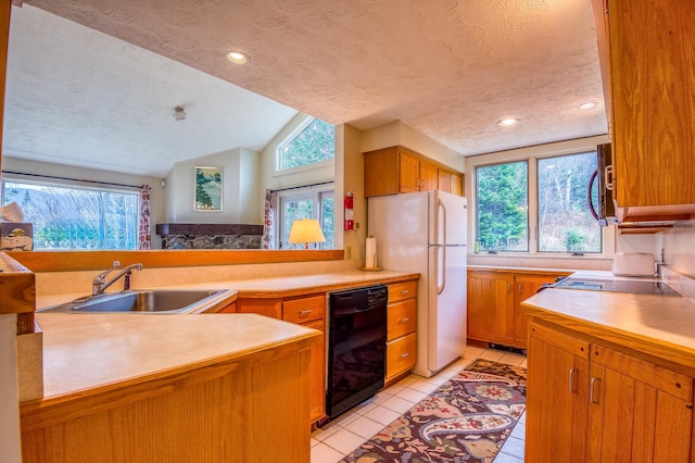 kitchen featuring a wealth of natural light, dishwasher, sink, and vaulted ceiling