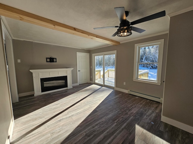 unfurnished living room featuring dark wood-type flooring, a baseboard heating unit, vaulted ceiling with beams, ceiling fan, and ornamental molding