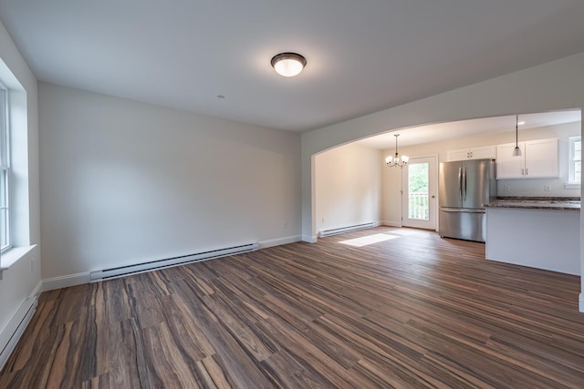 LOT5 Clarks Bridge Rd, Waterboro, ME 04087 - unfurnished living room with a baseboard heating unit, baseboard heating, a chandelier, and dark wood-style flooring
