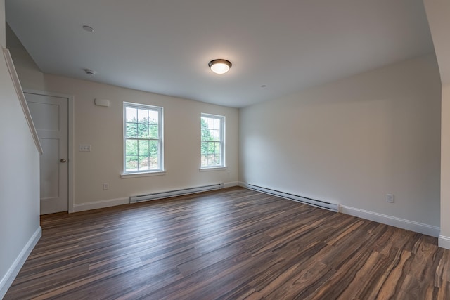 unfurnished room with dark hardwood / wood-style flooring and a baseboard radiator