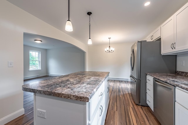 LOT5 Clarks Bridge Rd, Waterboro, ME 04087 - kitchen with stainless steel dishwasher, a baseboard radiator, white cabinetry, dark wood finished floors, and a center island